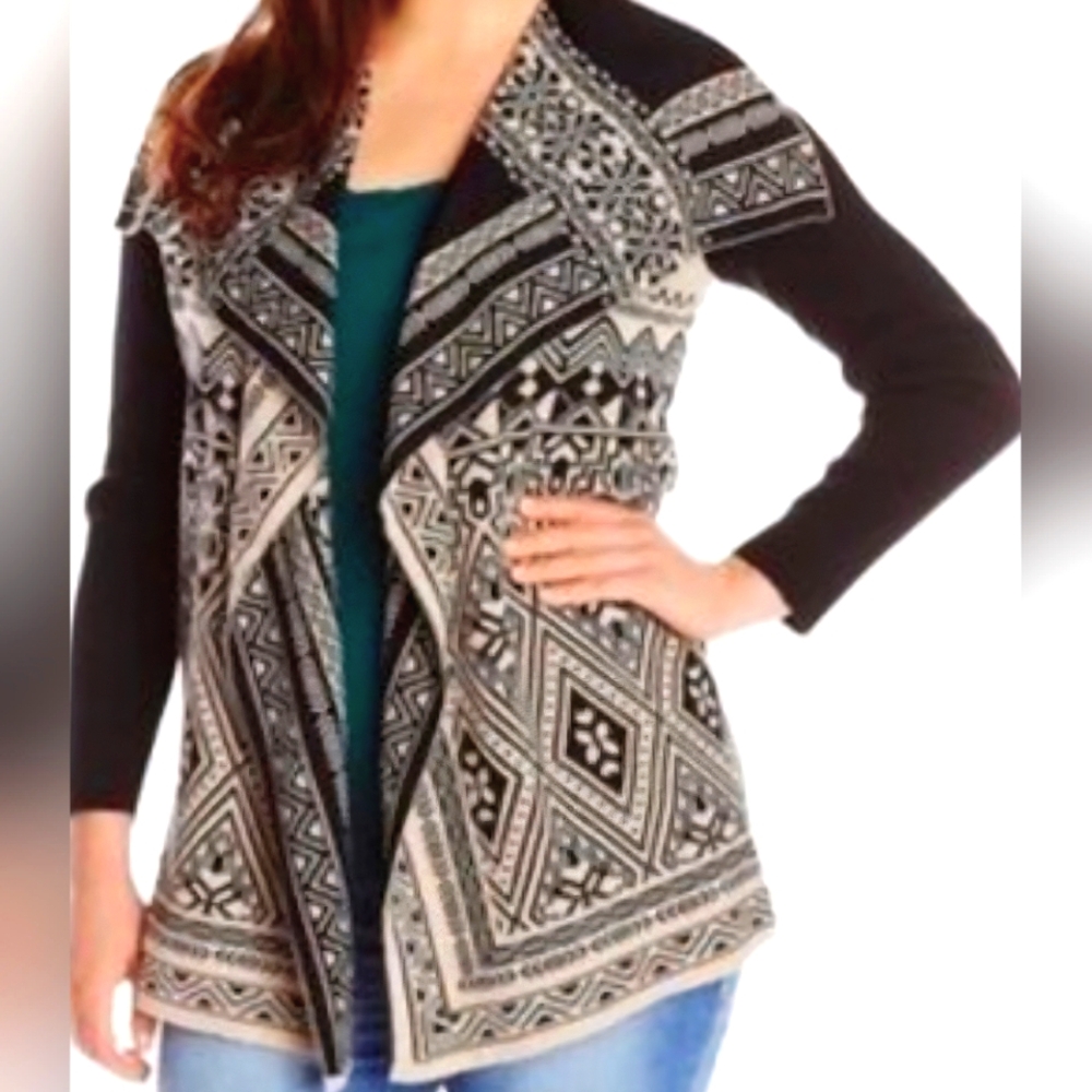 Lucky Brand Aztec Waterfall Open Front Cardigan 100% Cotton Black & Tan Small